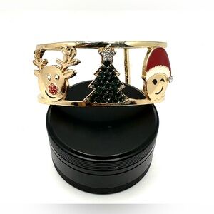 Adorable Christmas Reindeer Xmas Tree Santa Gold Tone Rhinestone Cuff